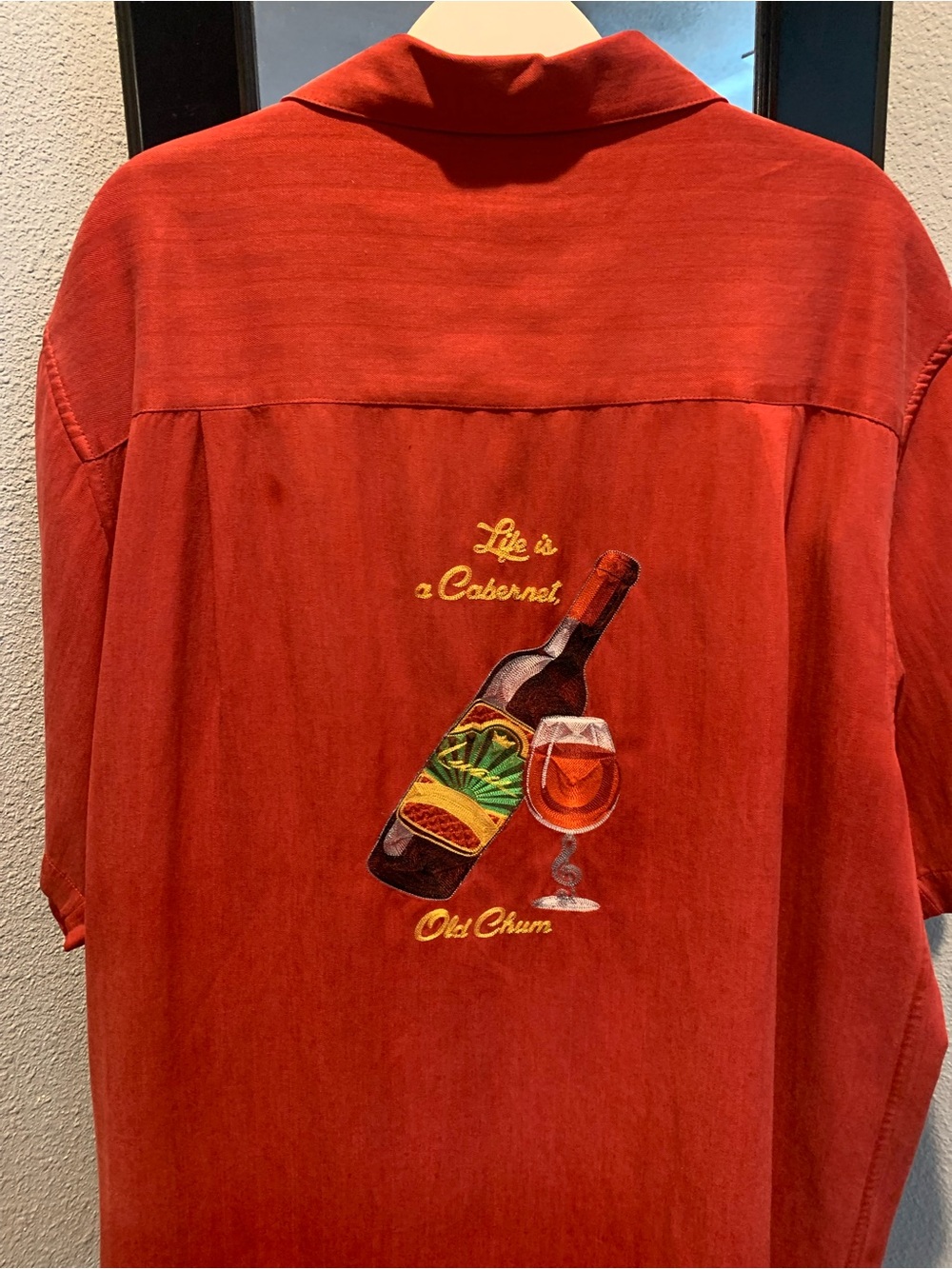 Red Embroidered Men’s Wine Bottle Shirt - 'Life is a Cabernet'